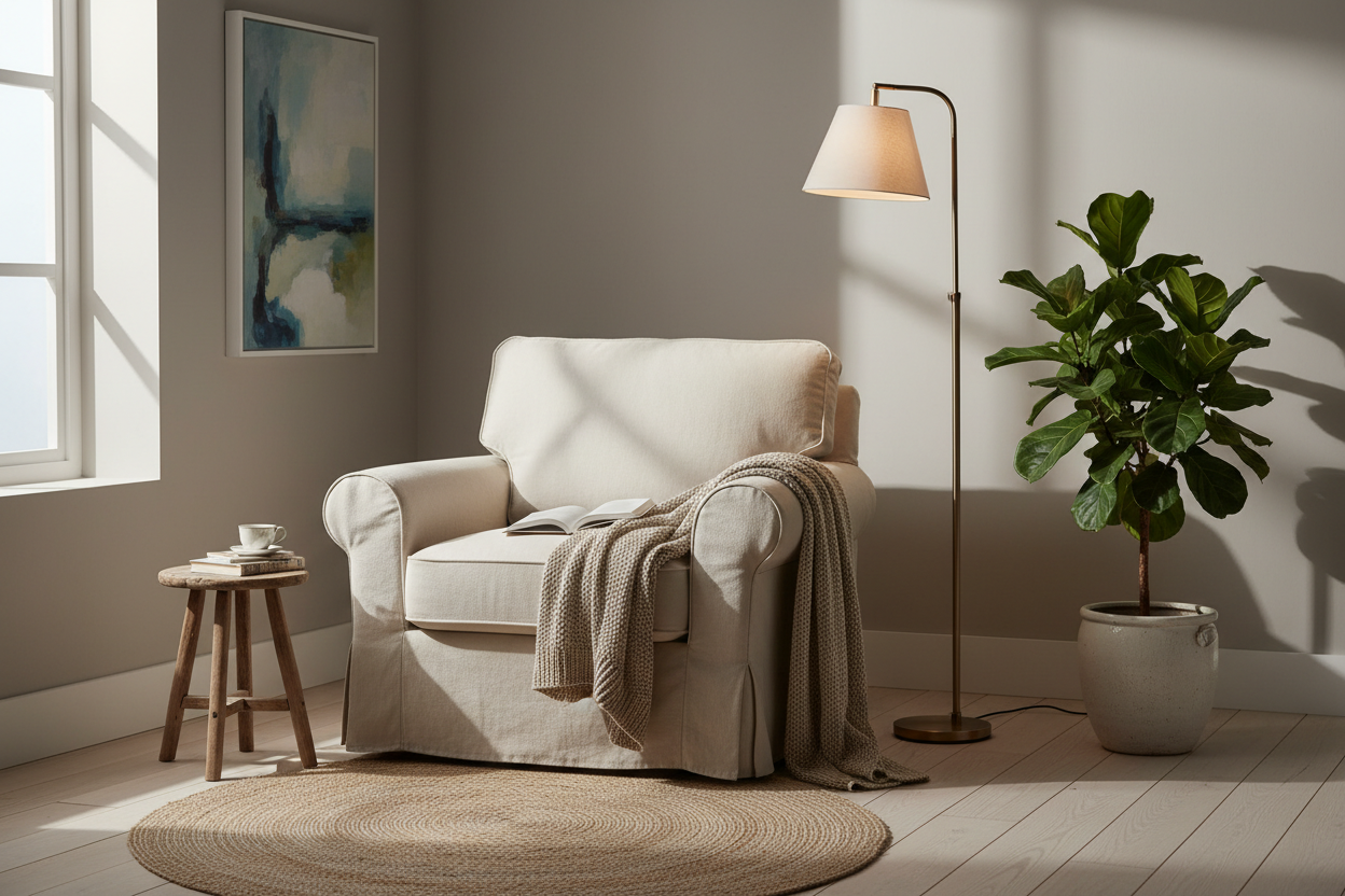 A calm interior corner (chair, lamp, plant)