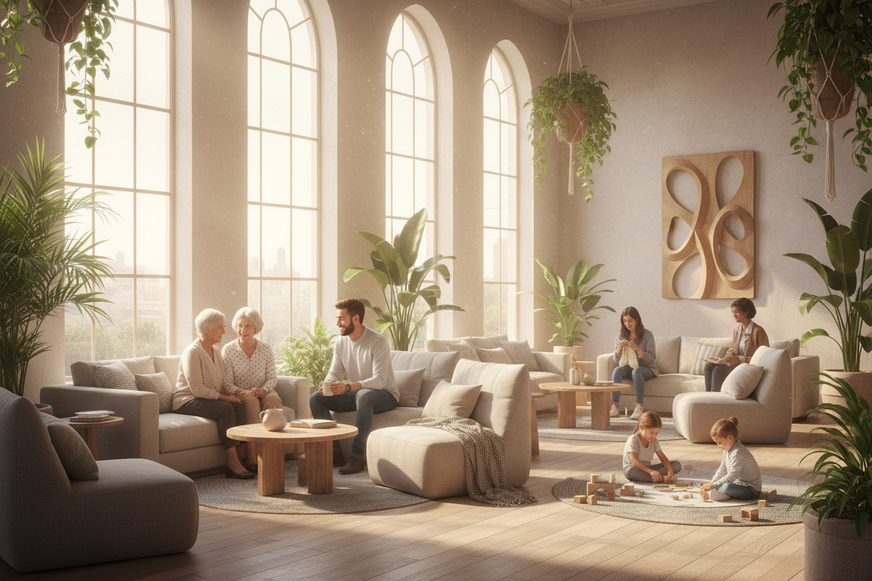 A calm, light-filled space reflecting gentle community connection

