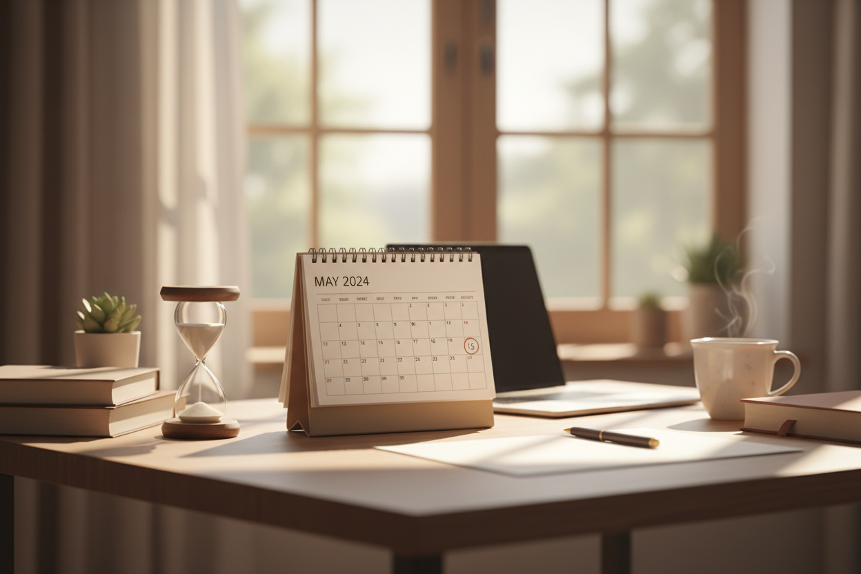 Calendar, open desk, soft time imagery.