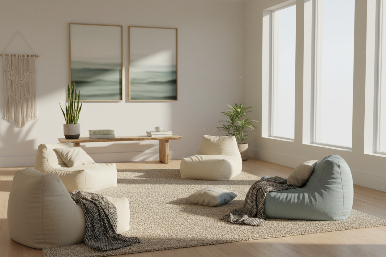 Calm interior / window light / beanbags / sensory-friendly space