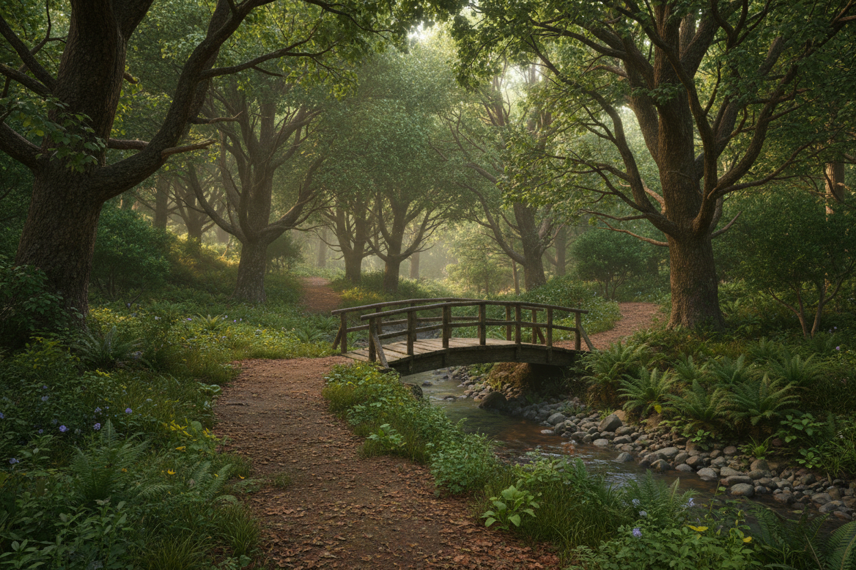 Calm path trees and bridge