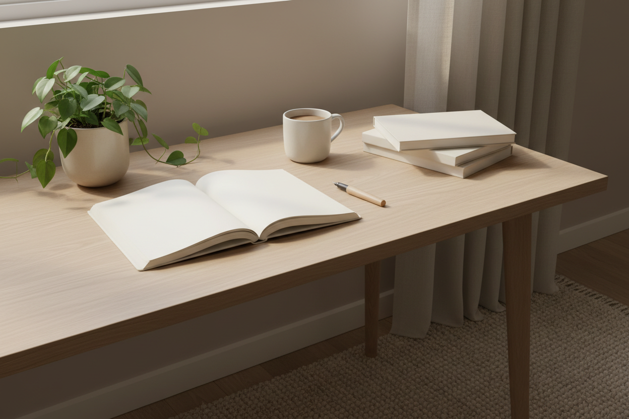 Calm workspace / journal / plant / soft neutral tones

