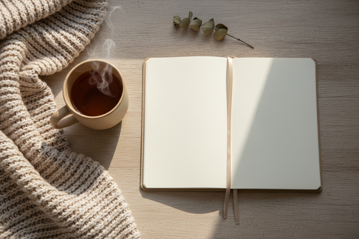 Notebook, tea, soft textures, neutral tones.