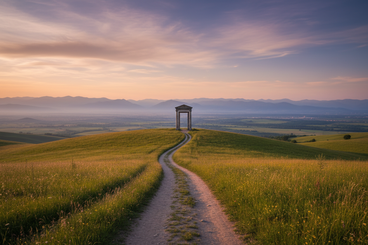 Path, doorway, open landscape, horizon