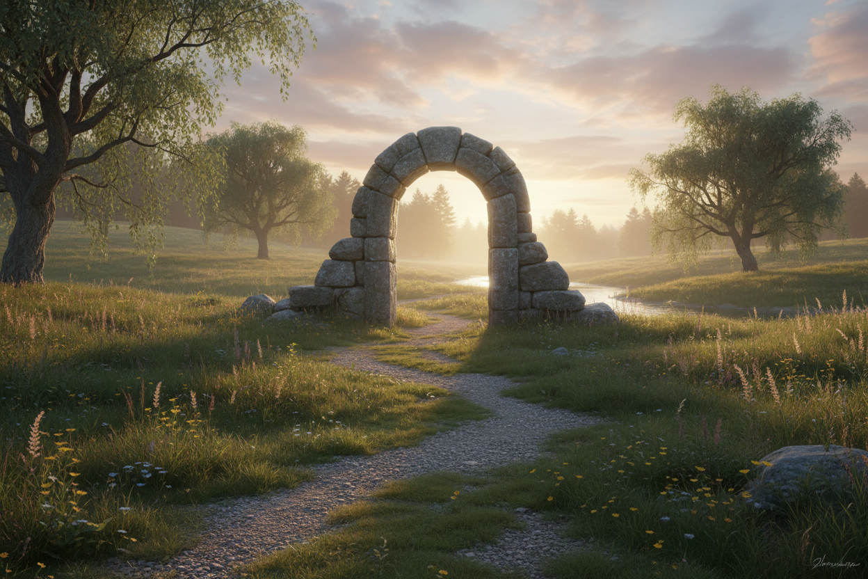 Path · open doorway · quiet outdoor scene