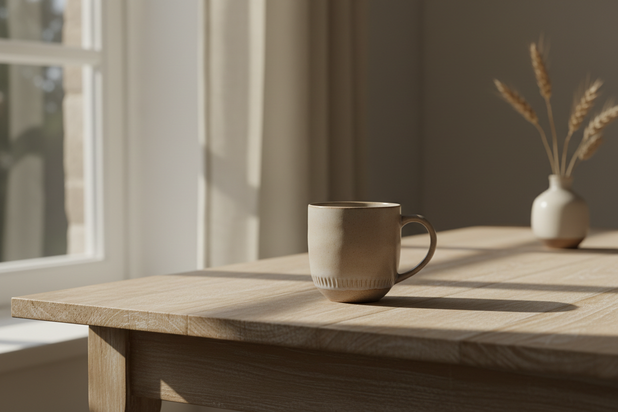 Soft beige tones · mug on a table · natural light · calm textures