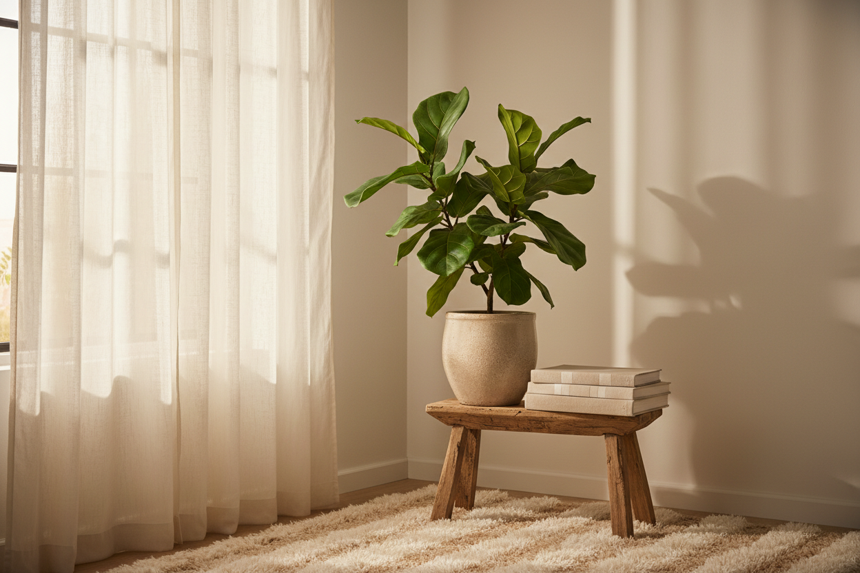 Soft natural light · neutral/beige tones · plant · window · calm interior detail